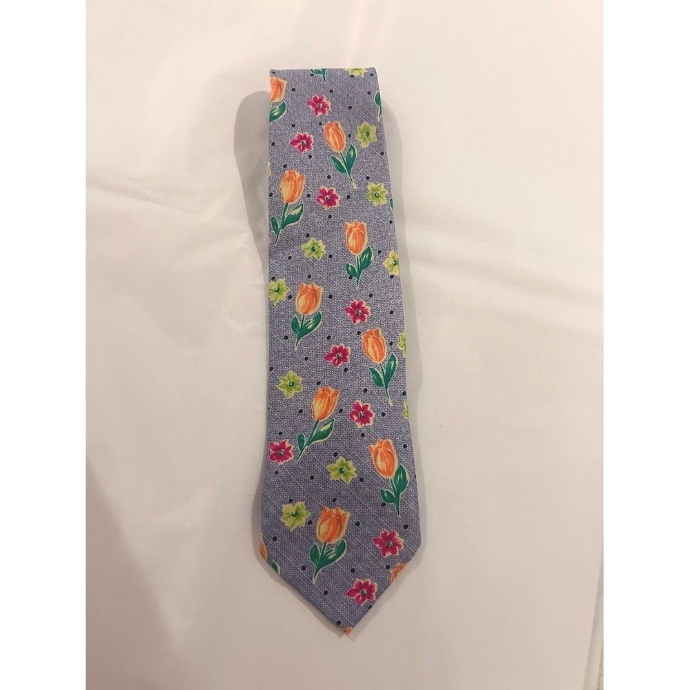Marks & Spencer Mens Silk Tie Blue‎ Grey Orange Tulip Floral Polka Dot Print - Picture 4 of 8